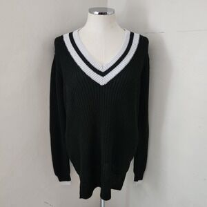 Amaryllis Black V Neck Sweater with White Trim Women's Size XL